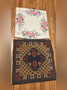Pair of hand cross stitch cushion cases, 13”x13”